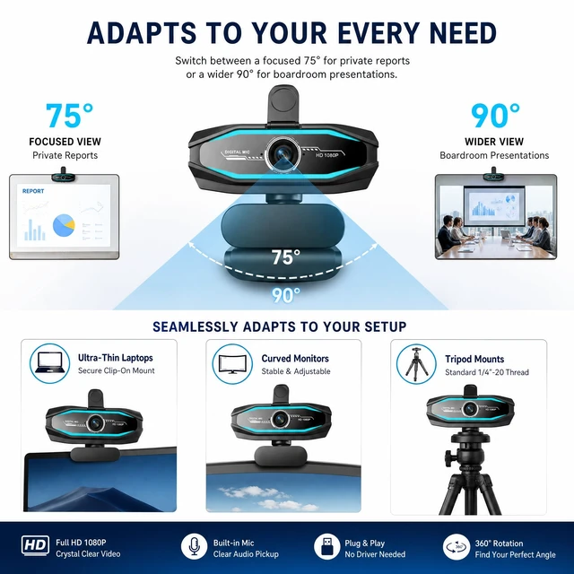 Alt view image 6 of 7 - 1080P Webcam with Microphone, Full HD Web Camera with RGB Light for Pc, Light Correction and Noise Cancellation Streaming Webcam, USB Computer Camera with Privacy Cover ,Plug and Play PC Web Cam