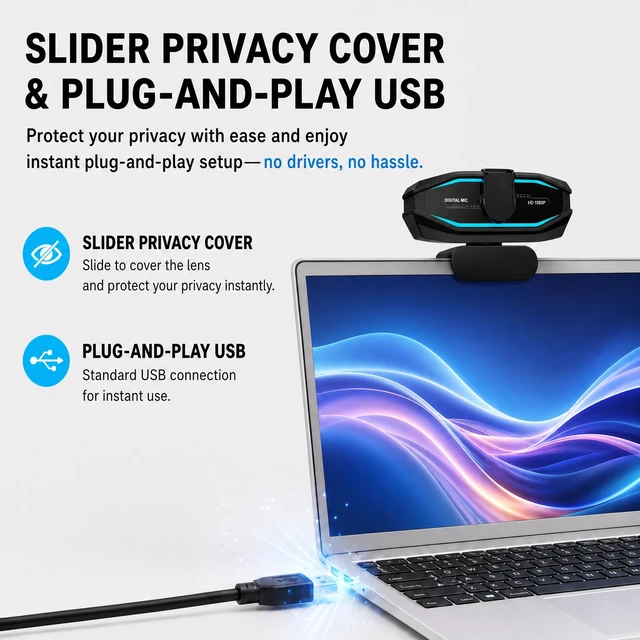 Alt view image 7 of 7 - 1080P Webcam with Microphone, Full HD Web Camera with RGB Light for Pc, Light Correction and Noise Cancellation Streaming Webcam, USB Computer Camera with Privacy Cover ,Plug and Play PC Web Cam