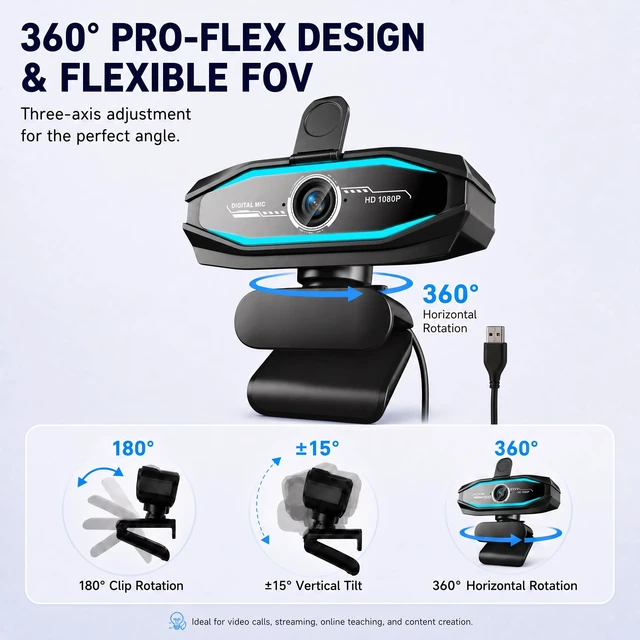 Alt view image 5 of 7 - 1080P Webcam with Microphone, Full HD Web Camera with RGB Light for Pc, Light Correction and Noise Cancellation Streaming Webcam, USB Computer Camera with Privacy Cover ,Plug and Play PC Web Cam