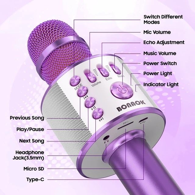 Alt view image 5 of 7 - Wireless Bluetooth Karaoke Microphone, 3-in-1 Portable Handheld Mic Speaker Machine for All Smartphones, for Girls Boys Kids Adults All Age Q37(Light Purple)