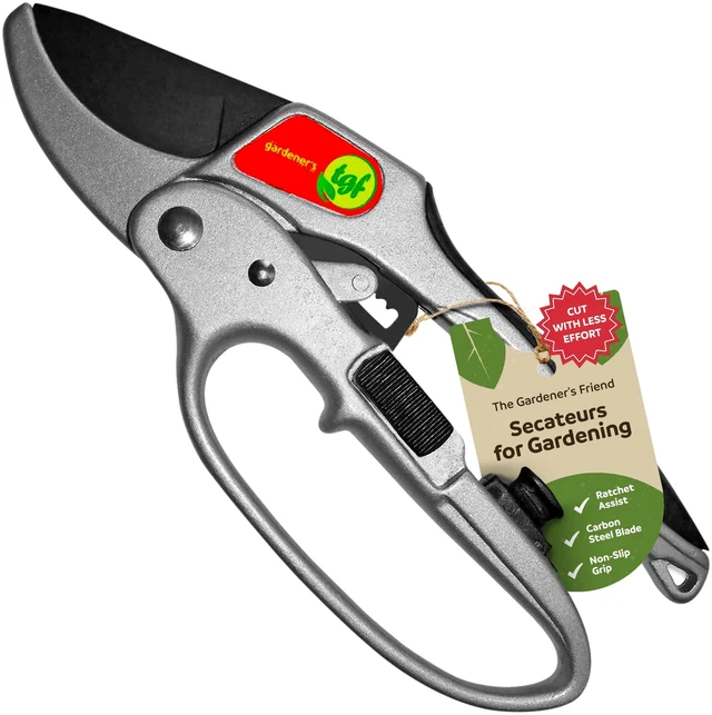 Main image of Heavy Duty Ratchet Pruning Shears, Anvil | Manganese steel blade cuts thick branches to 1 inch. Aluminum body garden clippers with safety latch, 3-stage action.