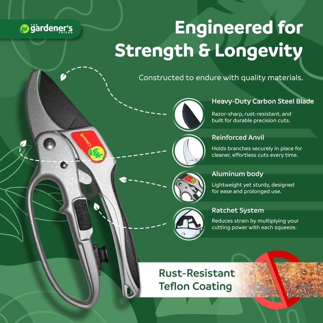 Alt view image 2 of 7 - Heavy Duty Ratchet Pruning Shears, Anvil | Manganese steel blade cuts thick branches to 1 inch. Aluminum body garden clippers with safety latch, 3-stage action.