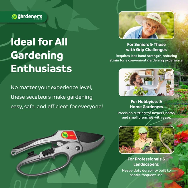 Alt view image 4 of 7 - Heavy Duty Ratchet Pruning Shears, Anvil | Manganese steel blade cuts thick branches to 1 inch. Aluminum body garden clippers with safety latch, 3-stage action.