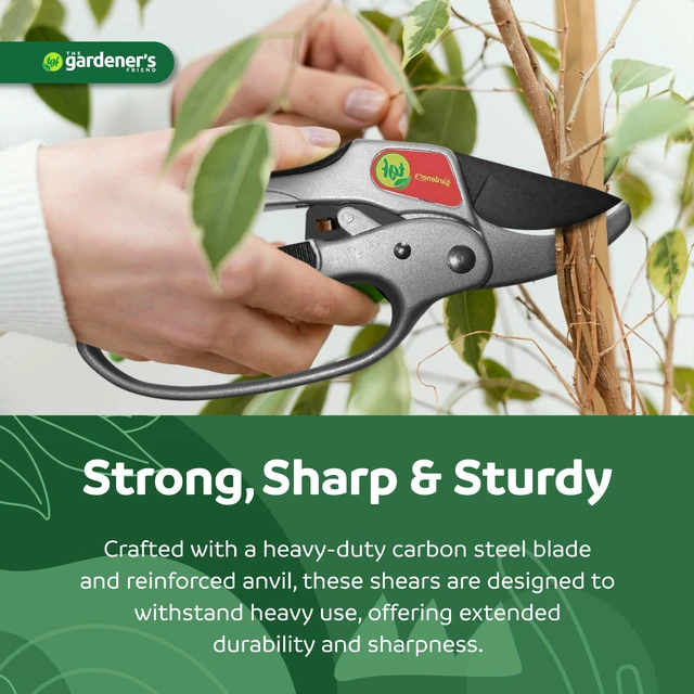 Alt view image 6 of 7 - Heavy Duty Ratchet Pruning Shears, Anvil | Manganese steel blade cuts thick branches to 1 inch. Aluminum body garden clippers with safety latch, 3-stage action.