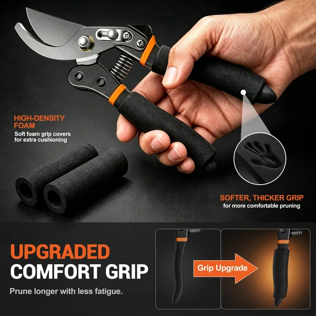 Alt view image 3 of 7 - ® Bypass Pruning Shears for Arthritic Hands, 5mm Cushioned Foam Grips | Heavy Duty Garden Clippers & Scissors, Cut 4X Easier, Ultra-Sharp Japanese SK5 Blade, One-Piece Metal Handles, 3/4" Capacity