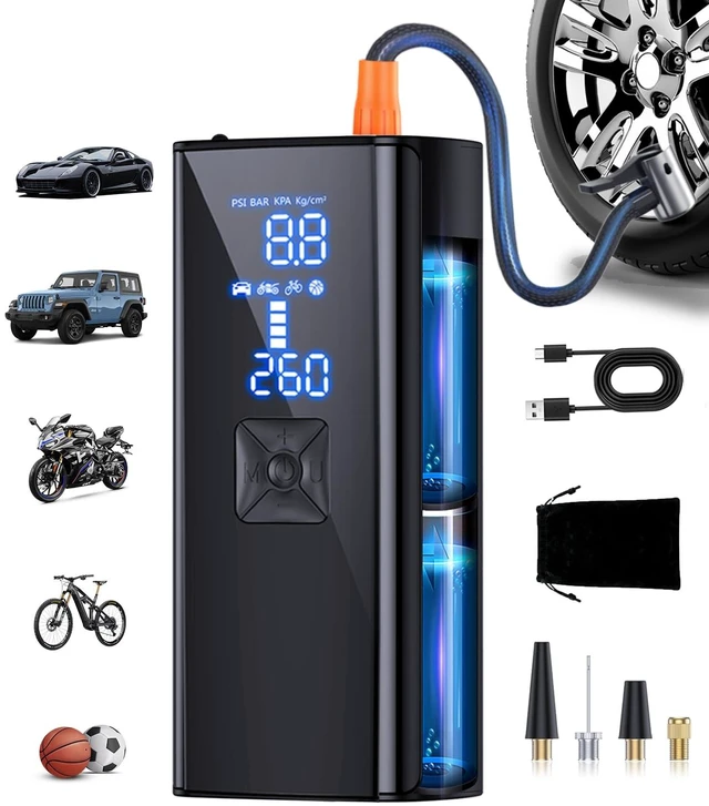 Main image of Tire Inflator Portable Air Compressor, Cordless Tire Pump with 150 PSI Digital Pressure Gauge & LED Light, 2X Fast Inflation Air Pump for Cars, Bikes, Motorcycles, Balls