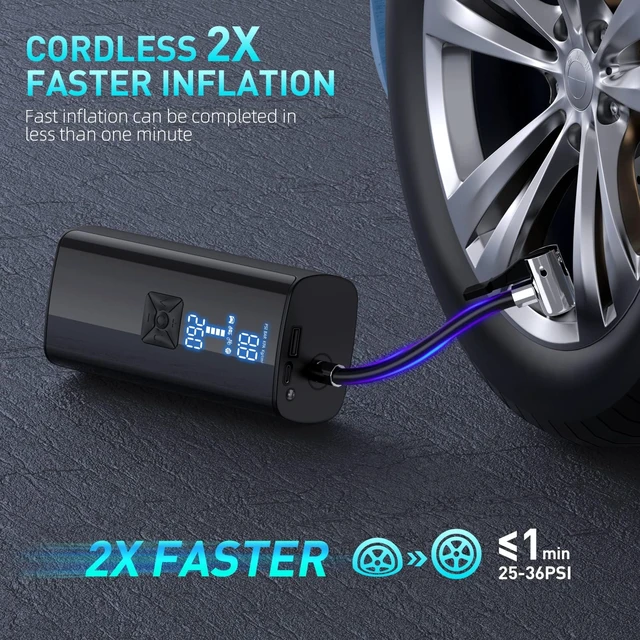 Alt view image 2 of 7 - Tire Inflator Portable Air Compressor, Cordless Tire Pump with 150 PSI Digital Pressure Gauge & LED Light, 2X Fast Inflation Air Pump for Cars, Bikes, Motorcycles, Balls