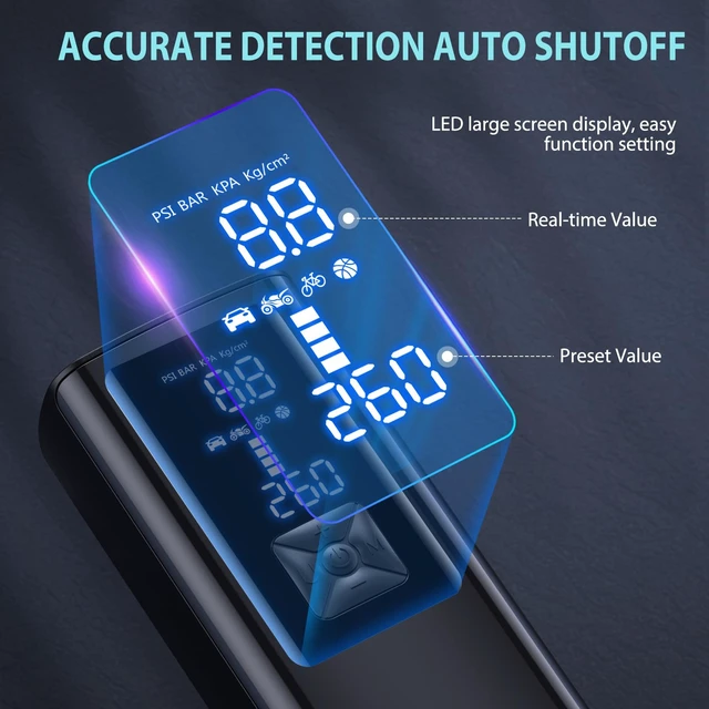 Alt view image 3 of 7 - Tire Inflator Portable Air Compressor, Cordless Tire Pump with 150 PSI Digital Pressure Gauge & LED Light, 2X Fast Inflation Air Pump for Cars, Bikes, Motorcycles, Balls