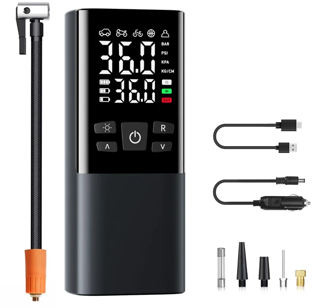 Main image of Portable Tire Inflator Air Compressor with LCD Display, LED Light, and Auto-Shut Off Function 150 PSI Portable Air Pump for Cars, Motorcycles, Bicycles, Balls, and More