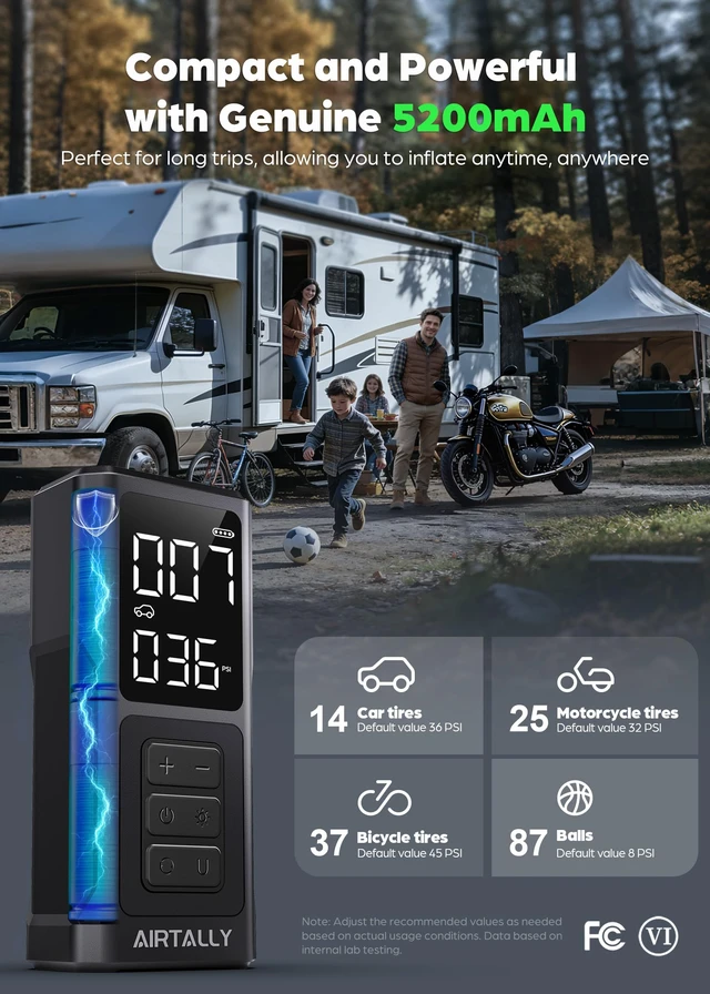 Alt view image 2 of 7 - Tire Inflator Portable Air Compressor - 5200mAh 150PSI Quickly Inflate Portable Air Pump for Car Tires/Bike/Basketball with LED Large Dual Screen, Pressure Gauge & Auto Shut-Off