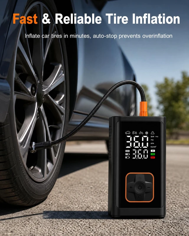 Alt view image 2 of 7 - Tire Inflator Portable Air Compressor, 150PSI Cordless Auto-Shutoff | 2-in-1 Inflator Tire Pump, 4000mAh Battery & Digital Gauge for Car, Bike & Motorcycle Tires, Balls, Pool Floats & Inflatables