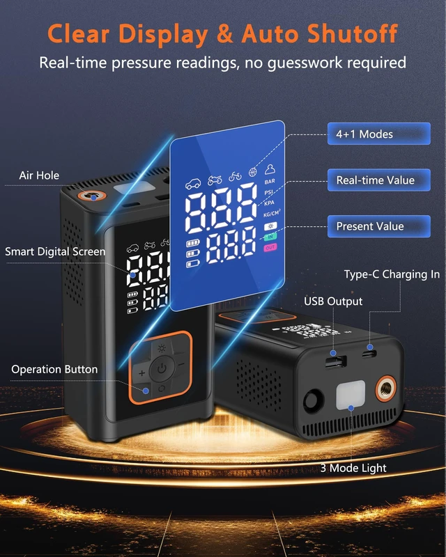 Alt view image 4 of 7 - Tire Inflator Portable Air Compressor, 150PSI Cordless Auto-Shutoff | 2-in-1 Inflator Tire Pump, 4000mAh Battery & Digital Gauge for Car, Bike & Motorcycle Tires, Balls, Pool Floats & Inflatables