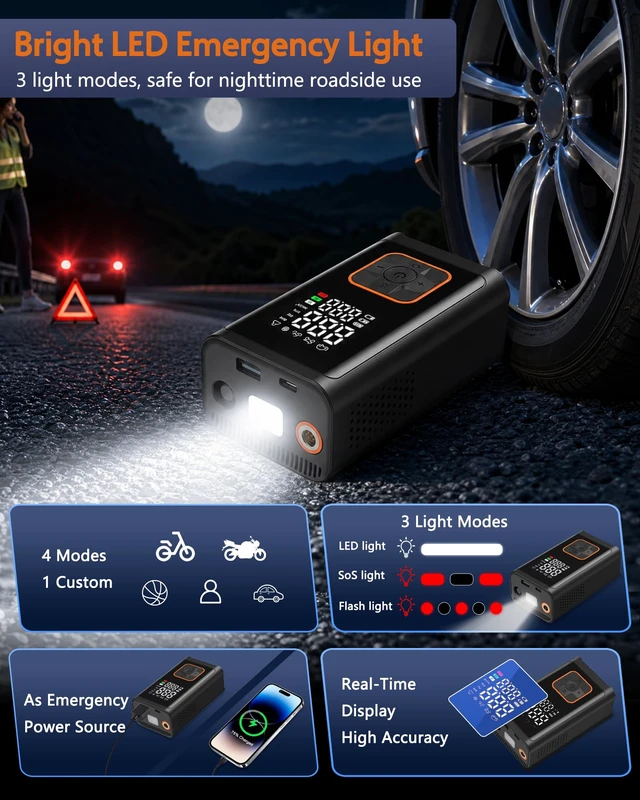 Alt view image 5 of 7 - Tire Inflator Portable Air Compressor, 150PSI Cordless Auto-Shutoff | 2-in-1 Inflator Tire Pump, 4000mAh Battery & Digital Gauge for Car, Bike & Motorcycle Tires, Balls, Pool Floats & Inflatables