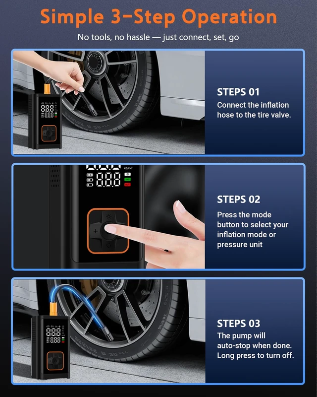 Alt view image 7 of 7 - Tire Inflator Portable Air Compressor, 150PSI Cordless Auto-Shutoff | 2-in-1 Inflator Tire Pump, 4000mAh Battery & Digital Gauge for Car, Bike & Motorcycle Tires, Balls, Pool Floats & Inflatables