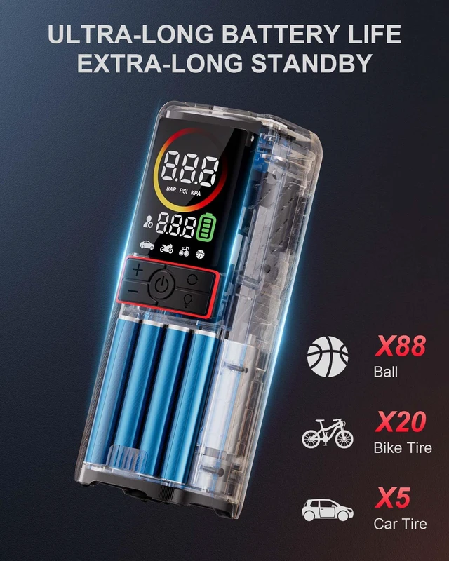 Alt view image 3 of 7 - GT160 Tire Inflator Portable Air Compressor (160PSI & 7500mAh) | Cordless Air Pump with Digital Pressure - Auto Shut Off - Large LED Display - Suitable for Cars, Bikes, Balls, Motorcycles