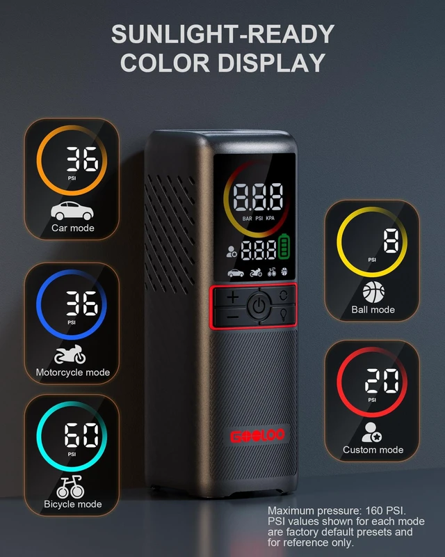 Alt view image 4 of 7 - GT160 Tire Inflator Portable Air Compressor (160PSI & 7500mAh) | Cordless Air Pump with Digital Pressure - Auto Shut Off - Large LED Display - Suitable for Cars, Bikes, Balls, Motorcycles