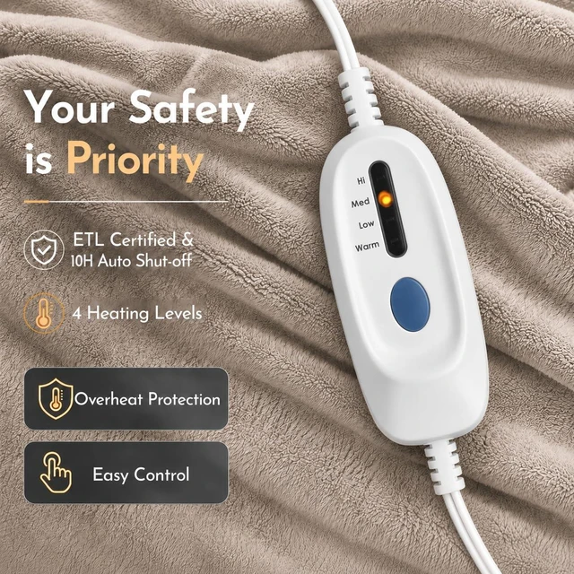 Alt view image 2 of 7 - Electric Heated Blanket Full Size 72"x84", Linen | Microplush Fast Heating for Winter Sleeping, 4 Heat Settings & 10 Hours Auto Off, Safe for Bedroom Use, Machine Washable