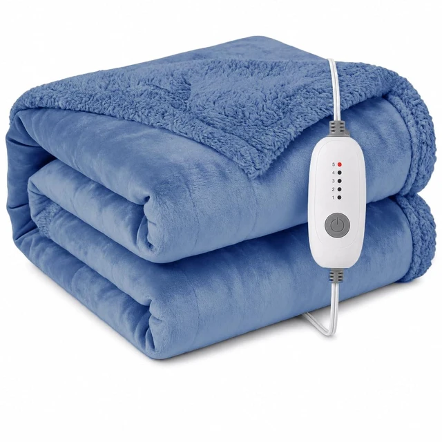 Main image of Electric Heated Blanket, Denim Blue, Throw 50"x60", Flannel and Sherpa | 5 heat settings, 3-hour auto-off, machine washable, for sofa, office, TV time, same color on both sides, soft, cozy comfort