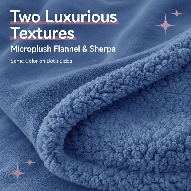 Alt view image 3 of 7 - Electric Heated Blanket, Denim Blue, Throw 50"x60", Flannel and Sherpa | 5 heat settings, 3-hour auto-off, machine washable, for sofa, office, TV time, same color on both sides, soft, cozy comfort