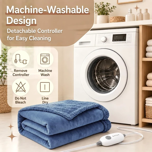 Alt view image 4 of 7 - Electric Heated Blanket, Denim Blue, Throw 50"x60", Flannel and Sherpa | 5 heat settings, 3-hour auto-off, machine washable, for sofa, office, TV time, same color on both sides, soft, cozy comfort