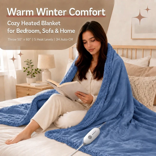 Alt view image 6 of 7 - Electric Heated Blanket, Denim Blue, Throw 50"x60", Flannel and Sherpa | 5 heat settings, 3-hour auto-off, machine washable, for sofa, office, TV time, same color on both sides, soft, cozy comfort