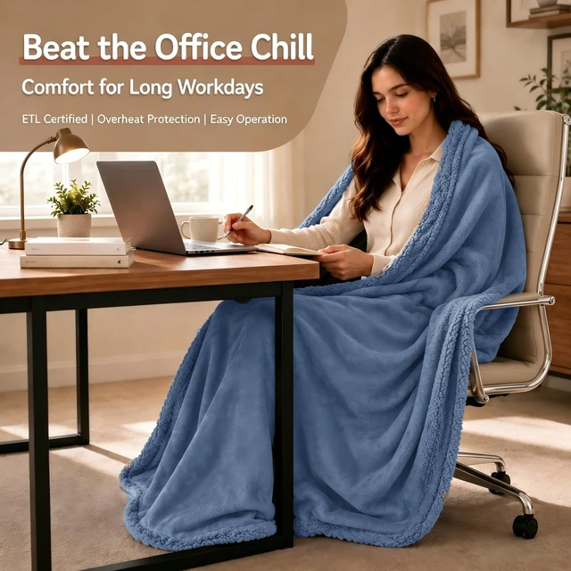 Alt view image 5 of 7 - Electric Heated Blanket, Denim Blue, Throw 50"x60", Flannel and Sherpa | 5 heat settings, 3-hour auto-off, machine washable, for sofa, office, TV time, same color on both sides, soft, cozy comfort