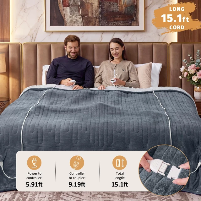 Alt view image 3 of 7 - Heated Electric Blanket Queen Size, Dual Control 84" x 90, Ash Gray | Soft Plush Large Heating Blanket Queen for bed, 10 Heating Levels & 8 Hours Auto Off, Warm Gift for Grandma