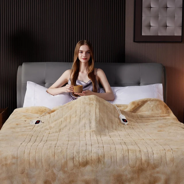 Alt view image 5 of 7 - Heated Blanket, Soft Faux Rabbit Fur Electric Throw, 84"×90" | Electric Blanket with 10 Heating Levels 5 Setting Timer Auto Off, Cozy Warm Heating Blankets, Machine Washable, Brown