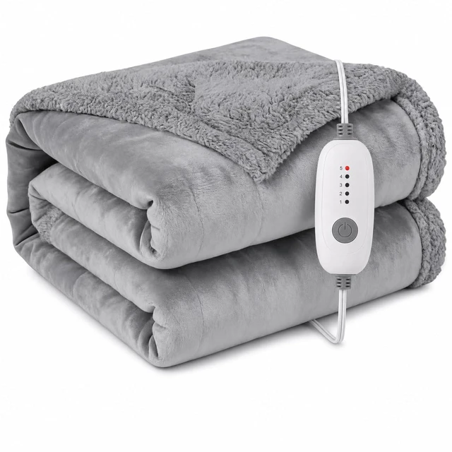 Main image of Electric Heated Blanket, Gray, Full 72"x84", Flannel and Sherpa | ETL certified, overheat protection, 5 heat settings, 10-hour auto-off, machine washable, for bed, sofa, gift-ready