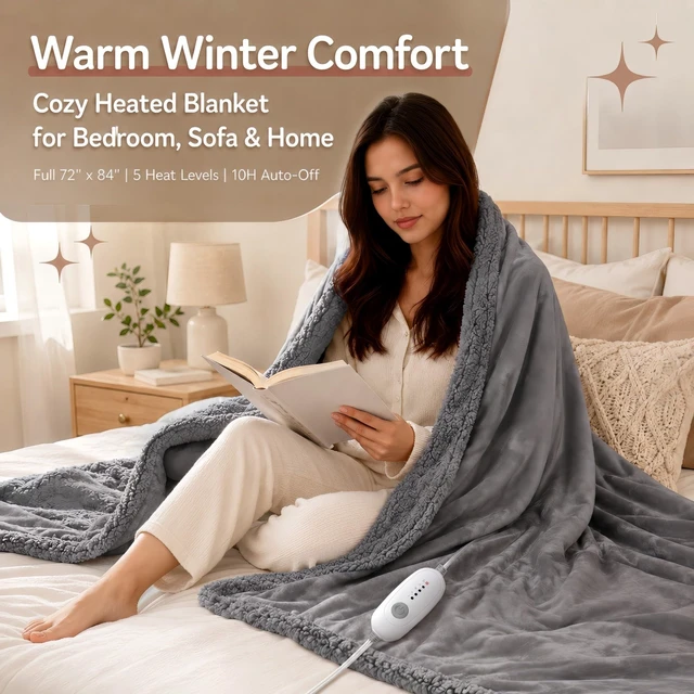 Alt view image 6 of 7 - Electric Heated Blanket, Gray, Full 72"x84", Flannel and Sherpa | ETL certified, overheat protection, 5 heat settings, 10-hour auto-off, machine washable, for bed, sofa, gift-ready