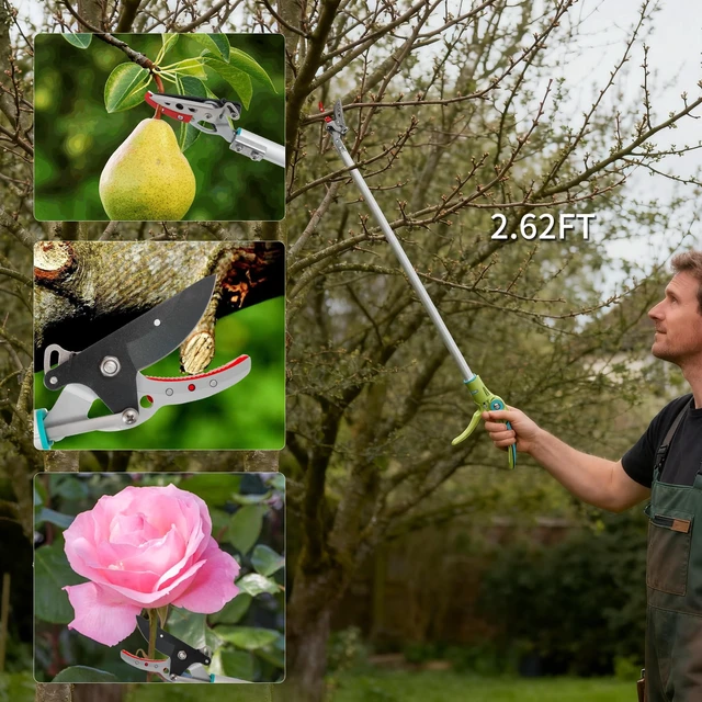 Alt view image 2 of 7 - 32 Inch Cut and Hold Pole Pruner - Lightweight Long Reach Tree Trimmer with Snip and Grip Technology, 1/2 Inch Cutting Capacity, One-Hand Use Fruit Picker for Roses, Persimmons & Tall Branches