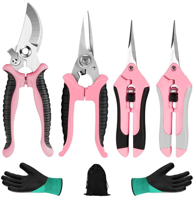 Main image of 4 Packs Garden Pruning Shears Stainless Steel Blades Handheld Pruners Set with Gardening Gloves(Pink)