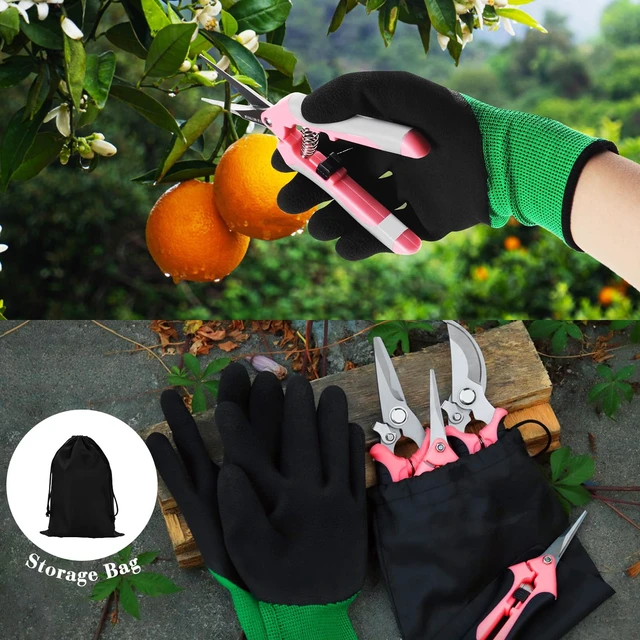 Alt view image 5 of 7 - 4 Packs Garden Pruning Shears Stainless Steel Blades Handheld Pruners Set with Gardening Gloves(Pink)