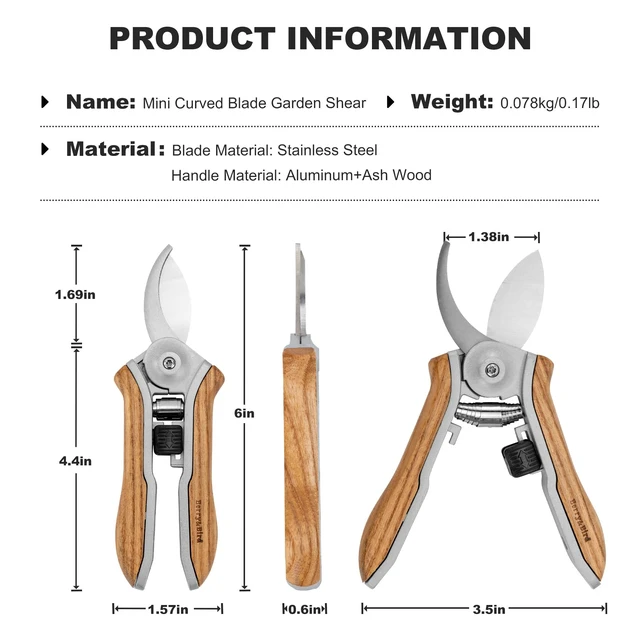 Alt view image 2 of 7 - Mini Pruning Shears for Gardening Curved Blades Hand Pruners with Wooden Handle Garden Scissors Snips Stainless Steel Trimming Small Clippers Bonsai Compact Size Sheaering Tool