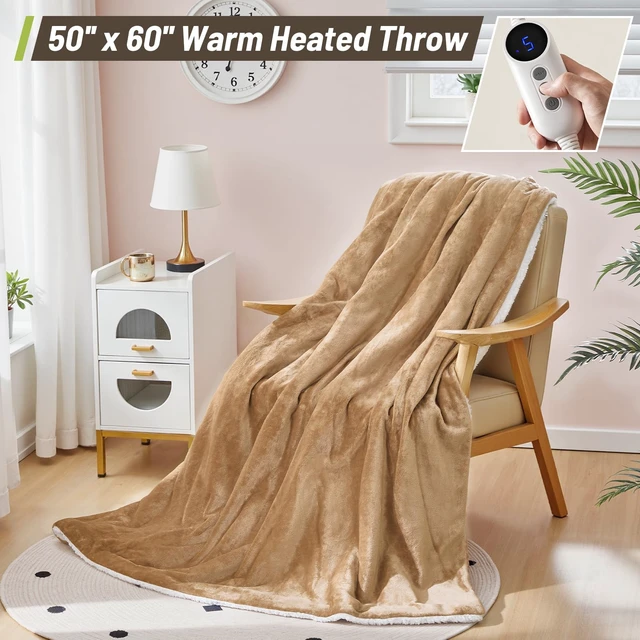 Alt view image 2 of 7 - Electric Heated Blanket Throw 50"x60" - Soft Cozy Flannel & Sherpa Fabric Dual-Sided, 9 Heat Settings & 2-10 Hours Auto Off, Warming Heated Throw for Home Office, Machine Washable, Brown