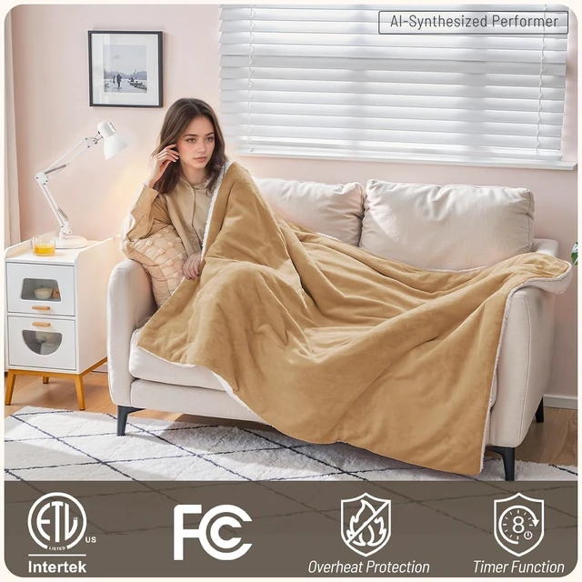 Alt view image 7 of 7 - Electric Heated Blanket Throw 50"x60" - Soft Cozy Flannel & Sherpa Fabric Dual-Sided, 9 Heat Settings & 2-10 Hours Auto Off, Warming Heated Throw for Home Office, Machine Washable, Brown