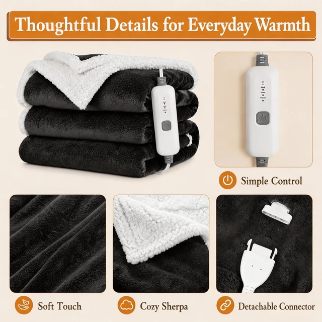 Alt view image 3 of 7 - Electric Heated Blanket 72"×84", 4 Heating Levels & 10H Auto-Off | Full Size Dark Gray, Sherpa & Soft Microplush, Quick Heating, Machine Washable, for Couch, Bed & Office, Parents' Gifts