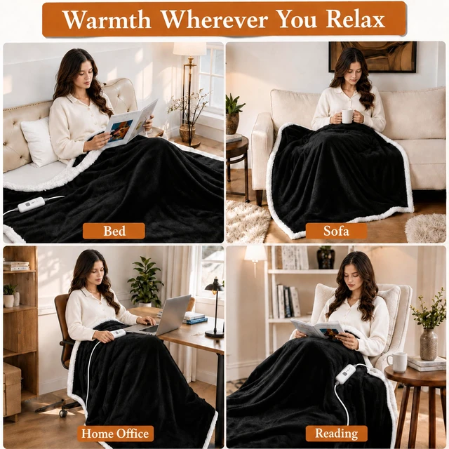 Alt view image 2 of 7 - Electric Heated Blanket 72"×84", 4 Heating Levels & 10H Auto-Off | Full Size Dark Gray, Sherpa & Soft Microplush, Quick Heating, Machine Washable, for Couch, Bed & Office, Parents' Gifts