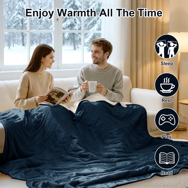 Alt view image 5 of 7 - Queen Size Heated Blanket - Dual Control Electric Blanket Queen | 5 Heating Levels, 10 Hours Auto Off, Overheat Protection, Washable Flannel Sherpa Heating Blanket, 84 x 90 Inch, Navy
