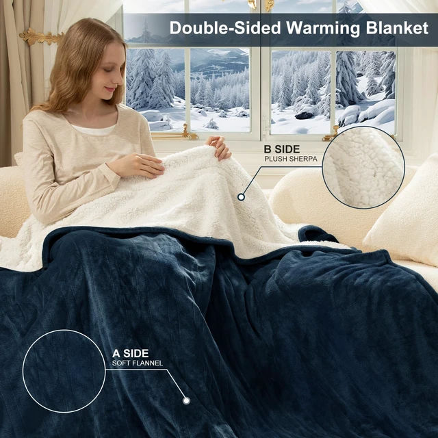 Alt view image 6 of 7 - Queen Size Heated Blanket - Dual Control Electric Blanket Queen | 5 Heating Levels, 10 Hours Auto Off, Overheat Protection, Washable Flannel Sherpa Heating Blanket, 84 x 90 Inch, Navy