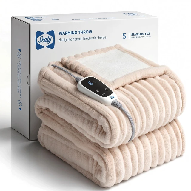 Main image of Electric Blanket Heated Throw, Soft Cozy Ribbed Flannel to Sherpa Reversible Safe Heating with 6 Heat Settings & 2-10 Hours Auto-Off Over-Heat Protection, Machine Washable, 50"x60" Beige