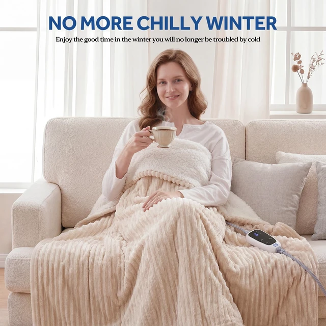 Alt view image 2 of 7 - Electric Blanket Heated Throw, Soft Cozy Ribbed Flannel to Sherpa Reversible Safe Heating with 6 Heat Settings & 2-10 Hours Auto-Off Over-Heat Protection, Machine Washable, 50"x60" Beige