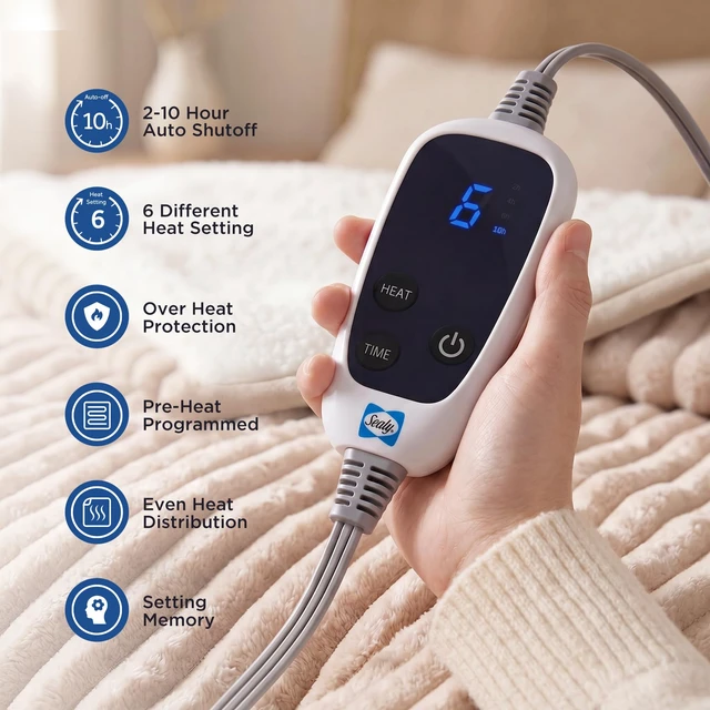 Alt view image 4 of 7 - Electric Blanket Heated Throw, Soft Cozy Ribbed Flannel to Sherpa Reversible Safe Heating with 6 Heat Settings & 2-10 Hours Auto-Off Over-Heat Protection, Machine Washable, 50"x60" Beige