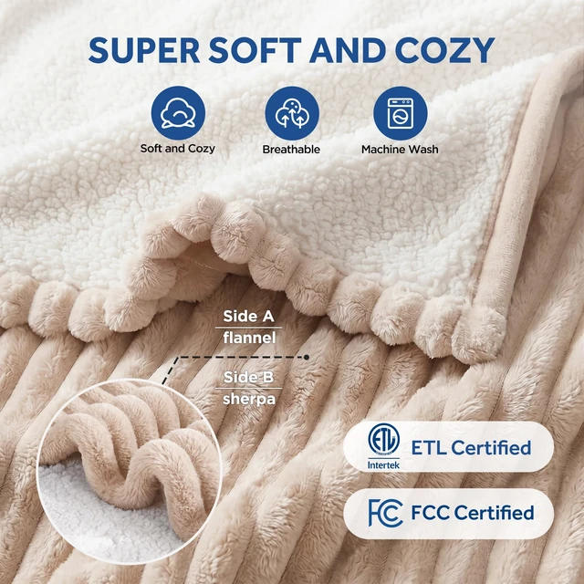 Alt view image 5 of 7 - Electric Blanket Heated Throw, Soft Cozy Ribbed Flannel to Sherpa Reversible Safe Heating with 6 Heat Settings & 2-10 Hours Auto-Off Over-Heat Protection, Machine Washable, 50"x60" Beige
