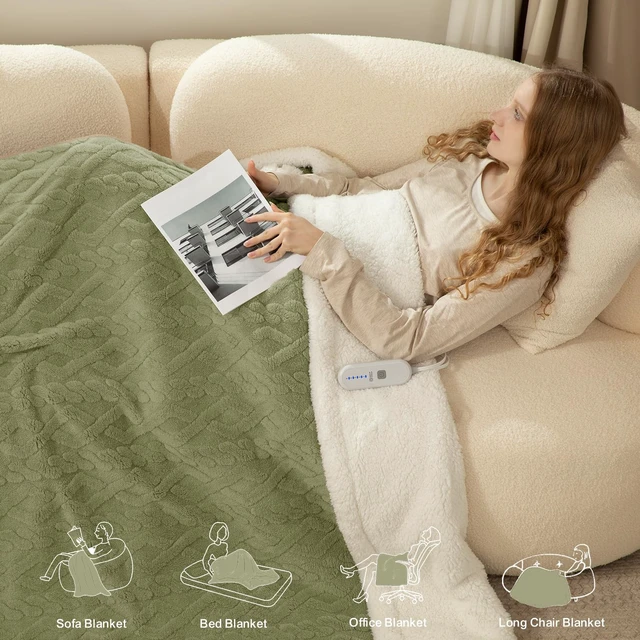 Alt view image 5 of 7 - Twin Electric Blanket 62"X84" Green, Thick Sherpa for Winter | Heated Blanket for Women Gift, 5 Fast Heating Levels, 10H Auto Off, ETL Certified, Washable, Overheat Protection for Sofa Bed