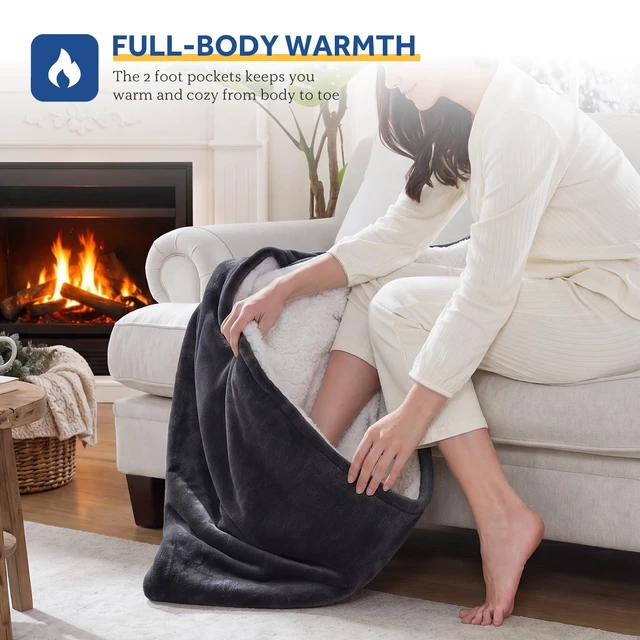Alt view image 2 of 7 - Electric Blanket Heated Throw with Foot Pocket, 50"x62", Dark Grey | Flannel to Sherpa, 6 Heating Levels, 2-10 Hours Auto Shut Off, Fast Heating, Machine Washable for Couch Work Home Office