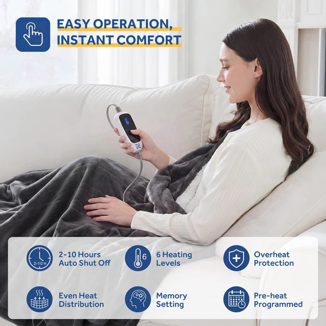 Alt view image 3 of 7 - Electric Blanket Heated Throw with Foot Pocket, 50"x62", Dark Grey | Flannel to Sherpa, 6 Heating Levels, 2-10 Hours Auto Shut Off, Fast Heating, Machine Washable for Couch Work Home Office