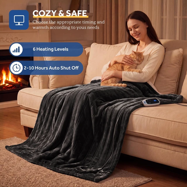Alt view image 6 of 7 - Electric Blanket Heated Throw with Foot Pocket, 50"x62", Dark Grey | Flannel to Sherpa, 6 Heating Levels, 2-10 Hours Auto Shut Off, Fast Heating, Machine Washable for Couch Work Home Office