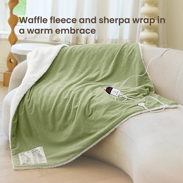 Alt view image 2 of 7 - Heated Blanket Electric Blanket Twin Waffle, 62x84 Inches Sherpa Fleece Fast Heating Blanket 6 Heating Levels & 10 Hours Auto Off ETL Certification, Sage Twin