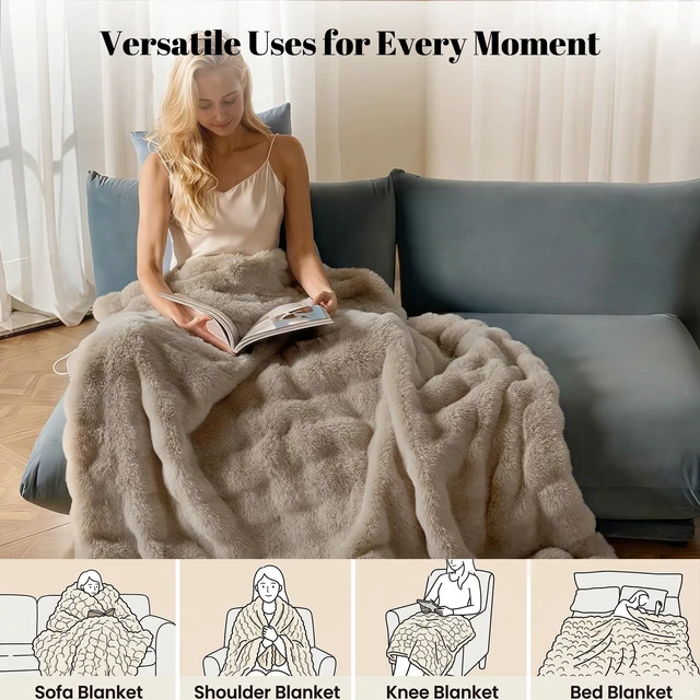 Alt view image 2 of 7 - Electric Heated Blanket Throw,Faux Rabbit Fur Heating Throw Blankets | Bubble Heated Blanket,8.86ft Detachable,Fast Heating with 1-10h Auto Off Timer,Overheat Protection,Machine Washable